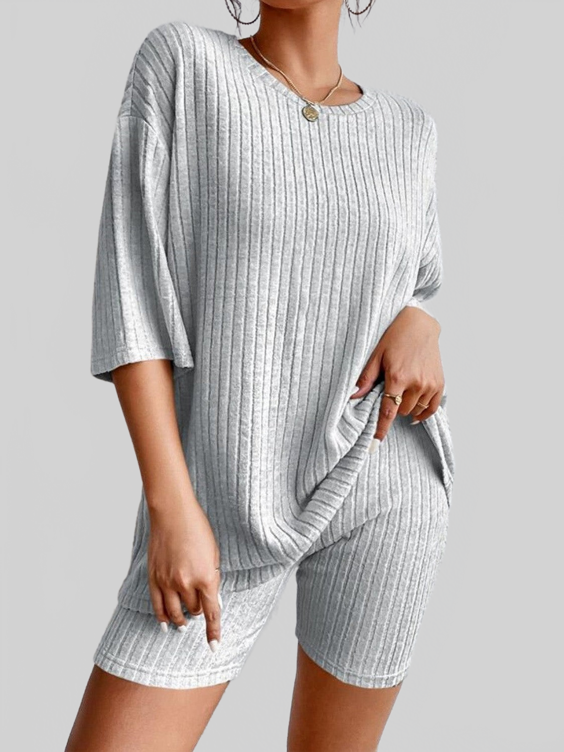 Round Neck Ribbed Top and Shorts Lounge Set nicholesgifts