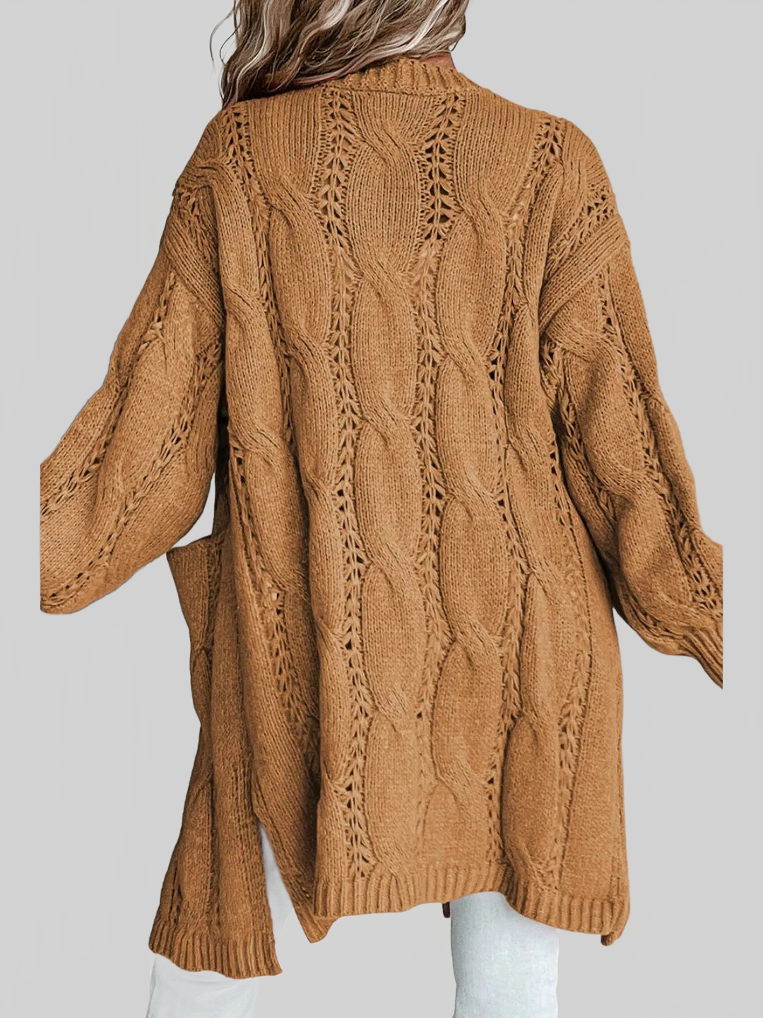 Women Cable-Knit Dropped Shoulder Slit Cardigan nicholesgifts