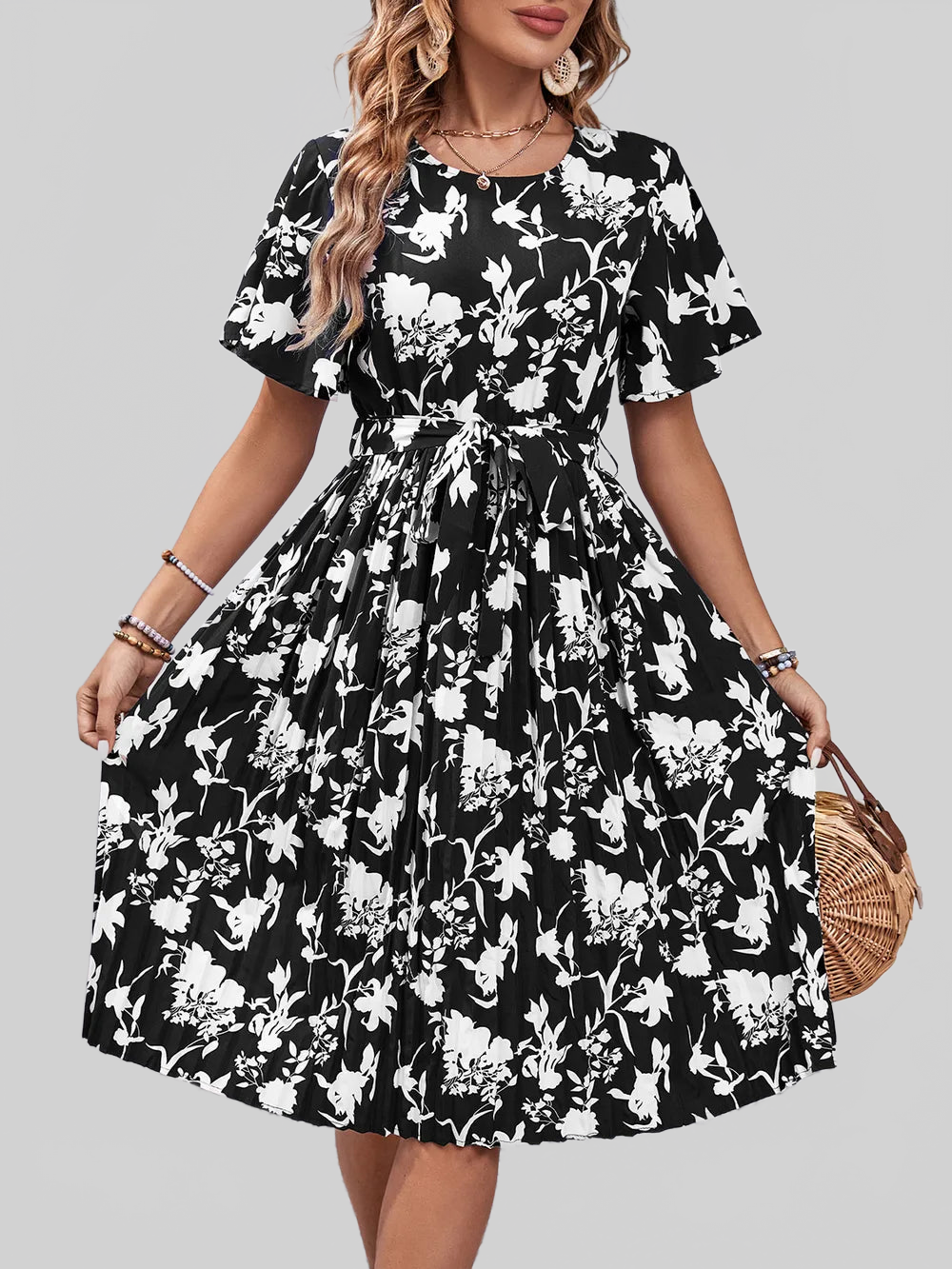 Perfee Printed Round Neck Short Sleeve Dress nicholesgifts