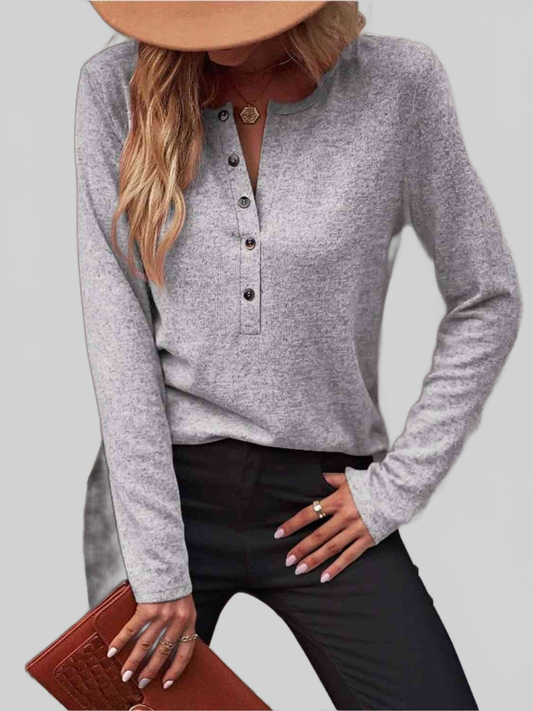Women Round Neck Buttoned Long Sleeve T-Shirt NicholesGifts