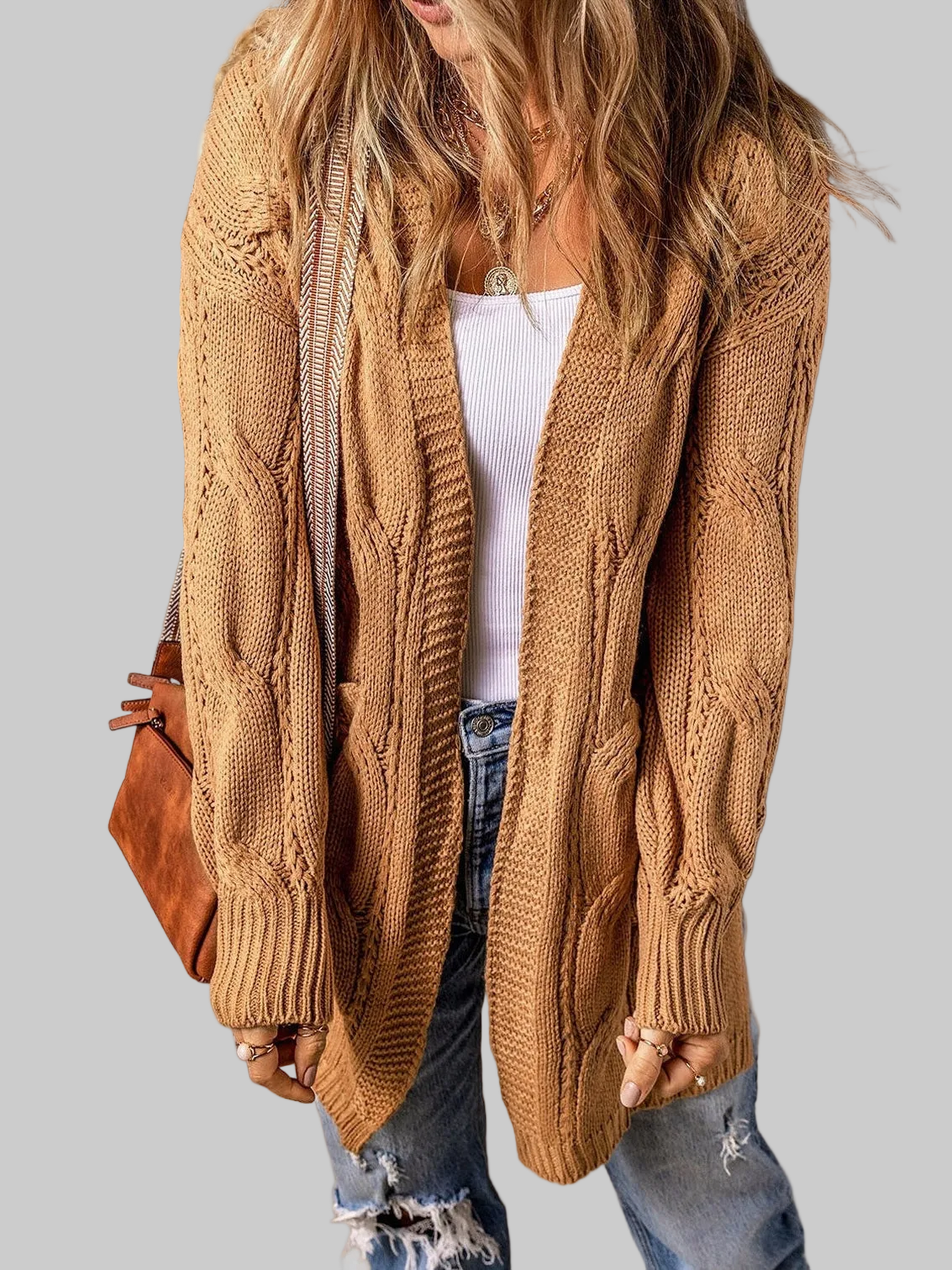 NicholesGifts Women Cable-Knit Dropped Shoulder Slit Cardigan NicholesGifts
