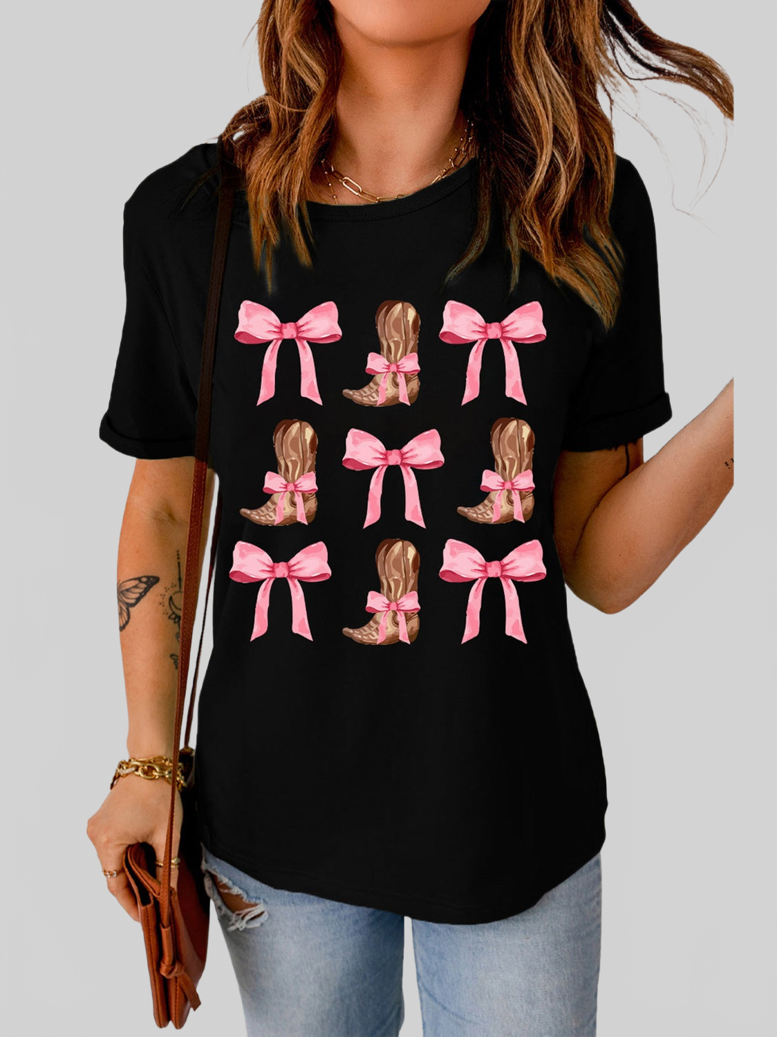 Women Bow & Boot Graphic Round Neck Short Sleeve T-Shirt nicholesgifts