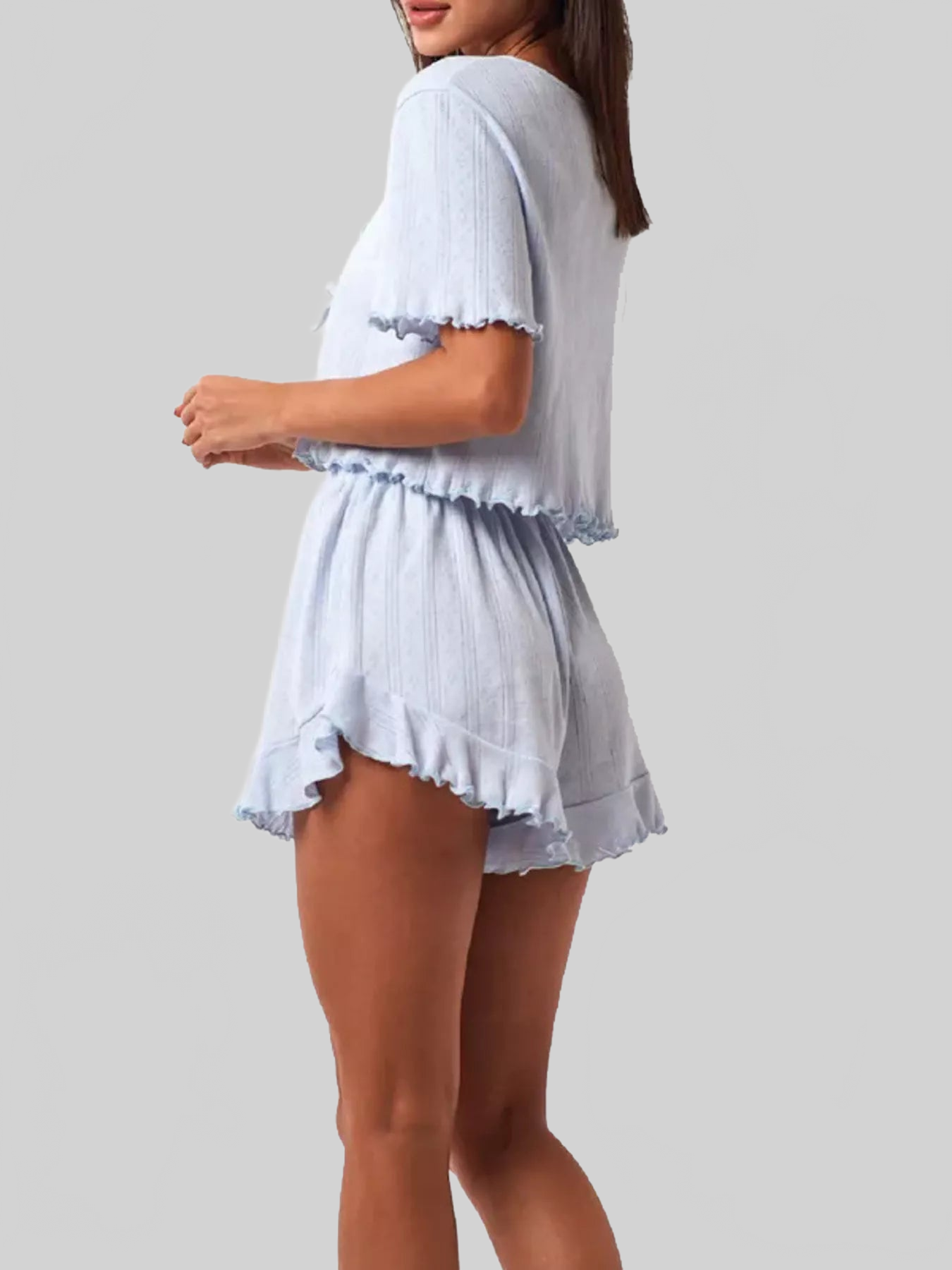 Tie Front Top and Ruffled Hem Shorts Set nicholesgifts