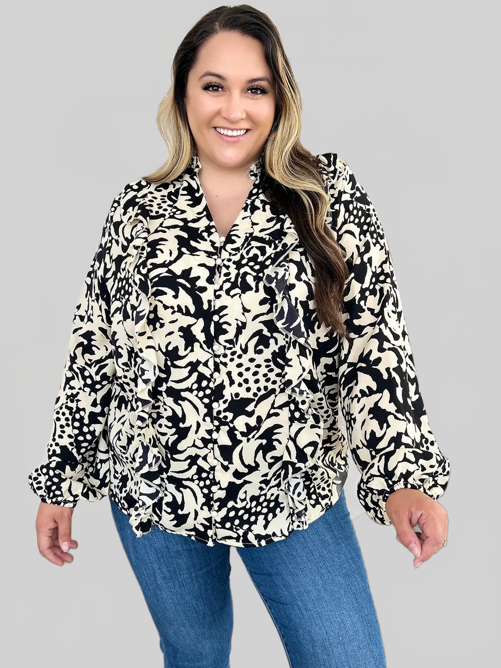 Women Double Take Full Size Printed Ruffle Trim Balloon Sleeve Shirt NicholesGifts