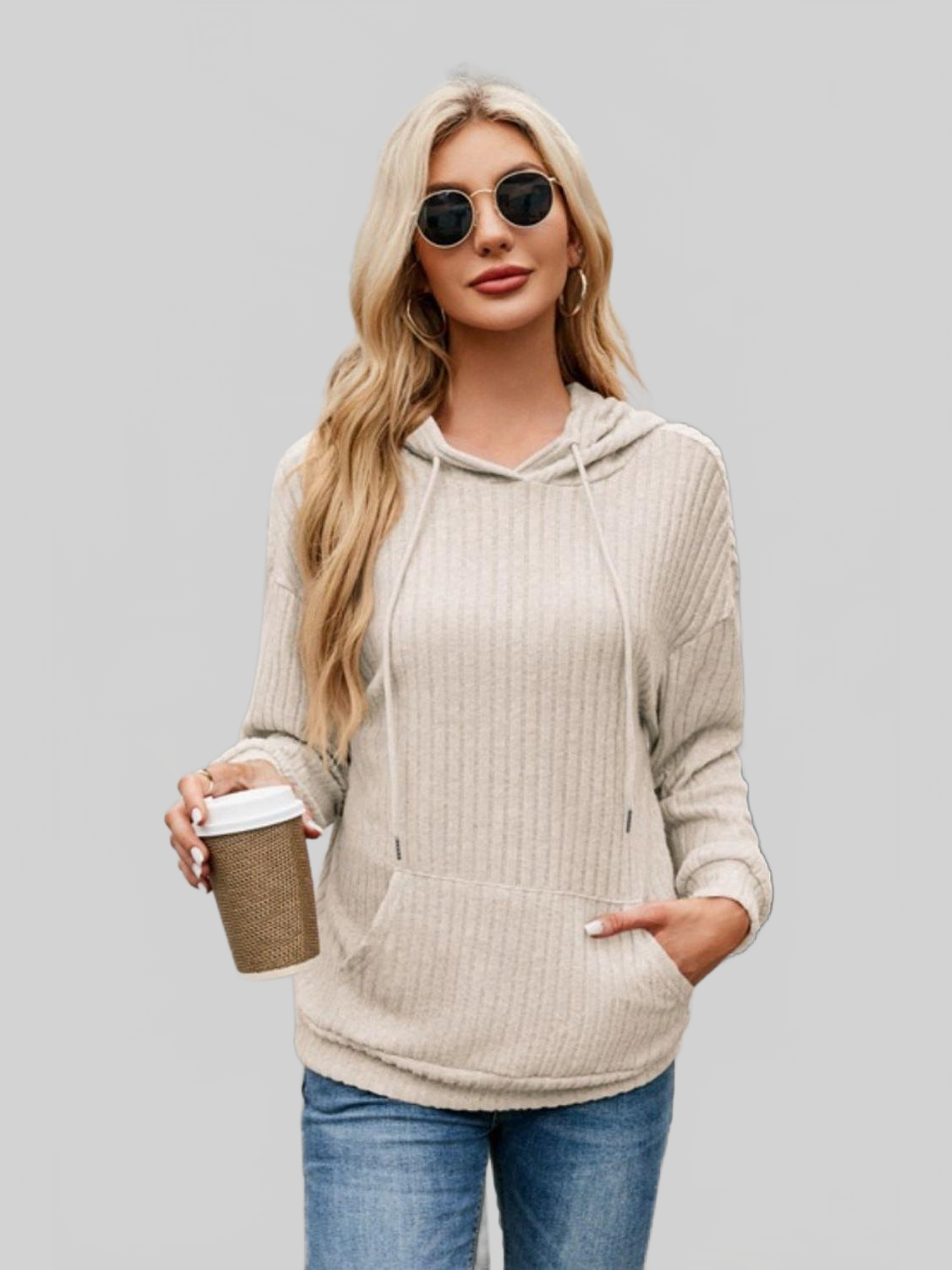 NicholesGifts Women Ribbed Drawstring Long Sleeve Hoodie NicholesGifts