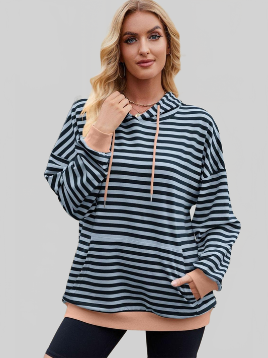 NicholesGifts Women Drawstring Contrast Striped Long Sleeve Hoodie NicholesGifts