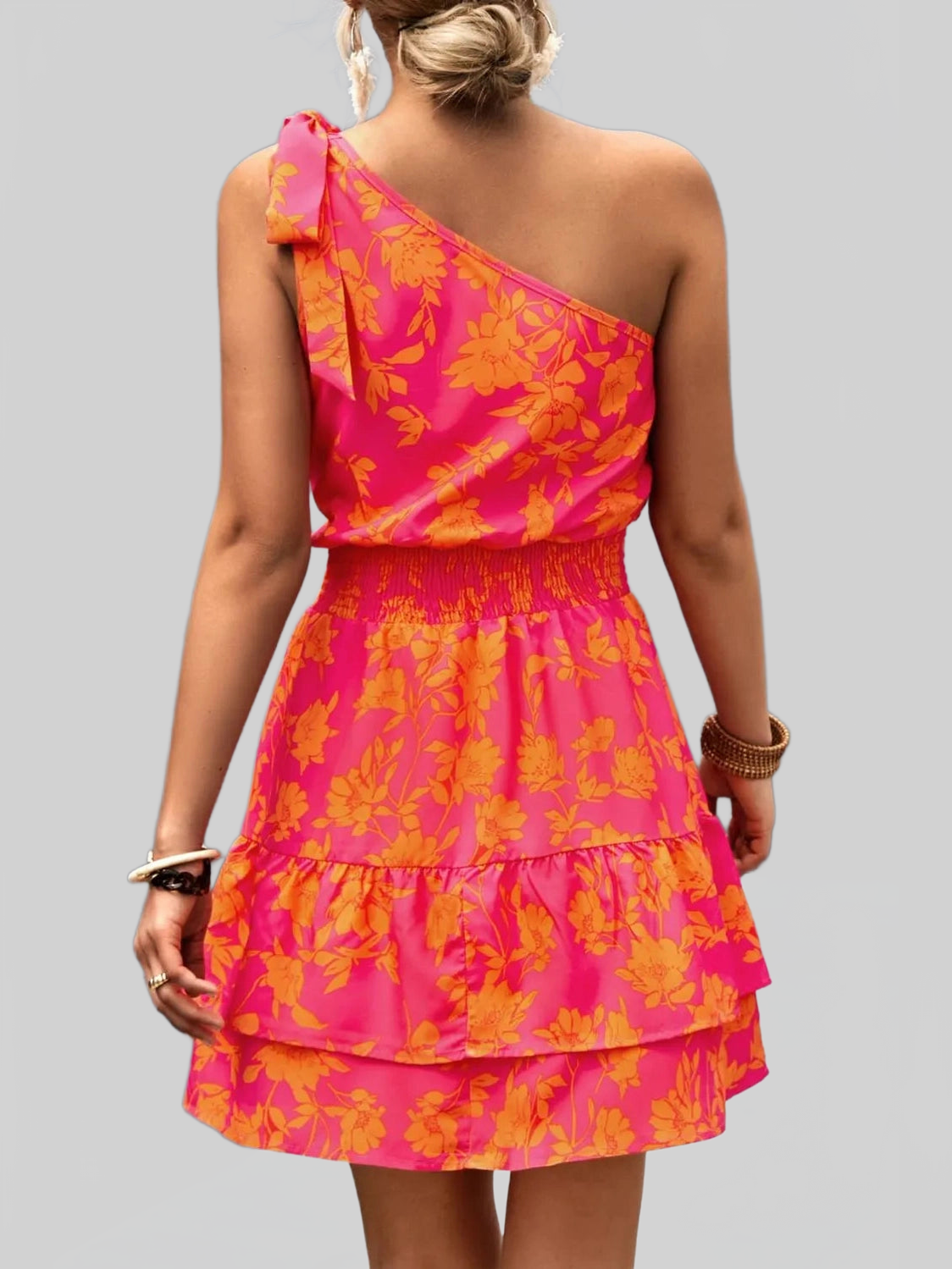 Tied Smocked Printed Single Shoulder Dress nicholesgifts