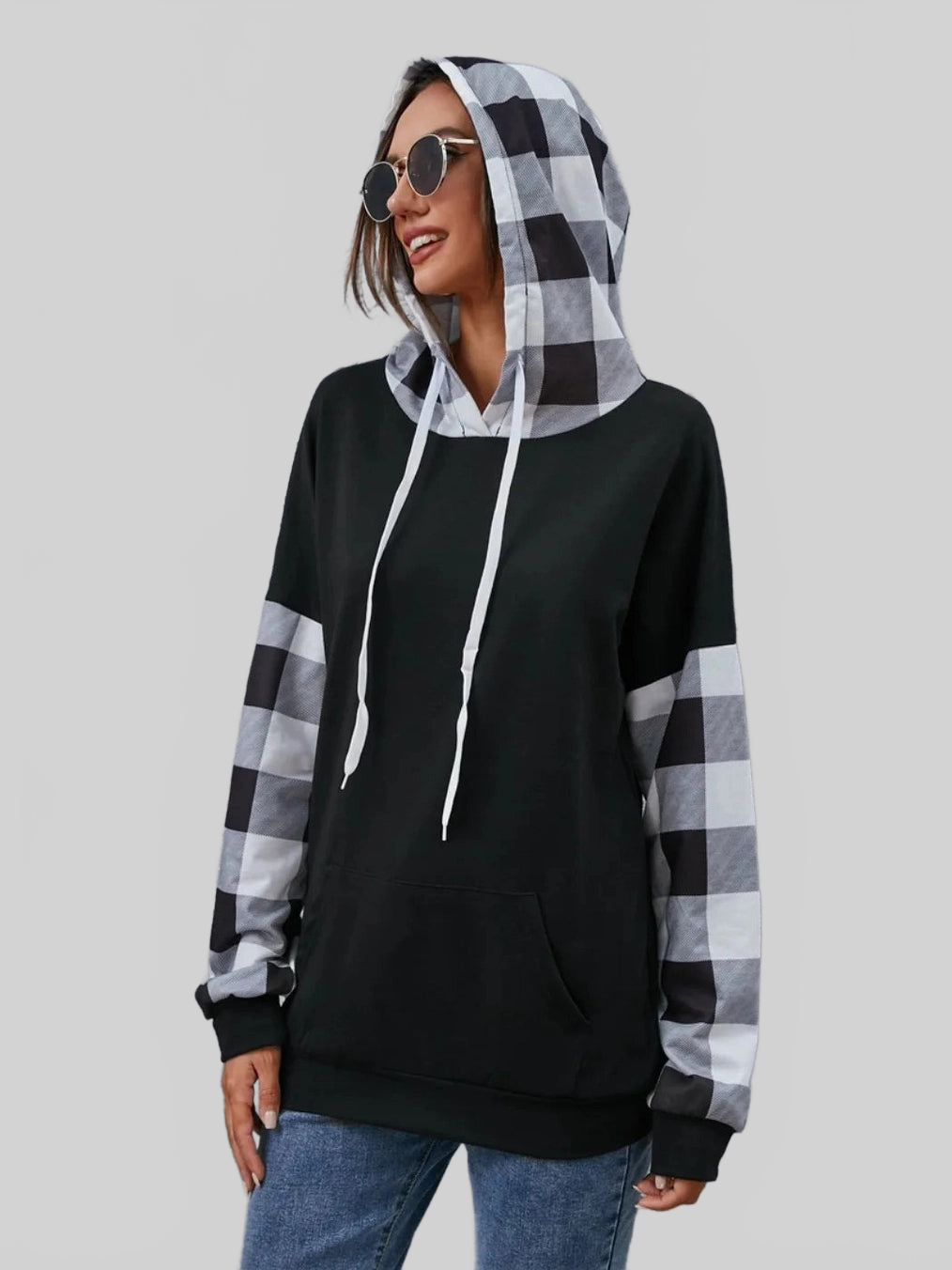 Plaid Drawstring Dropped Shoulder Hoodie NicholesGifts