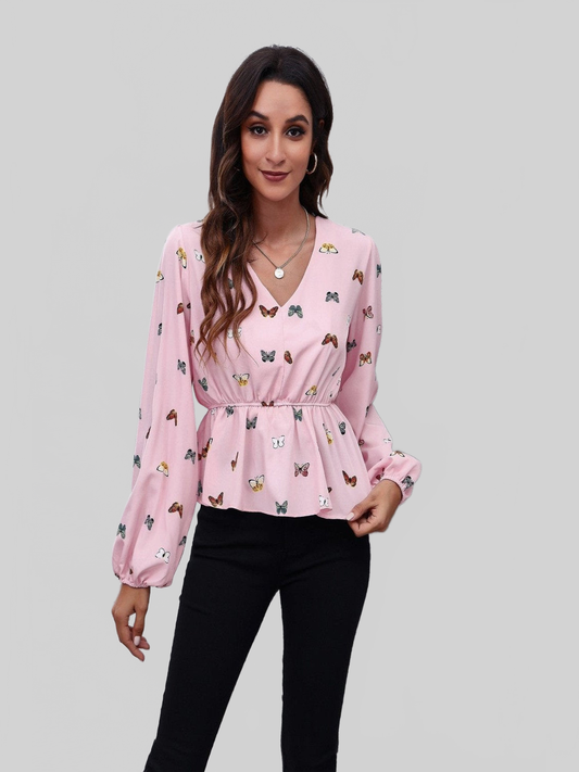 Women Butterfly V-Neck Balloon Sleeve Peplum Blouse NicholesGifts