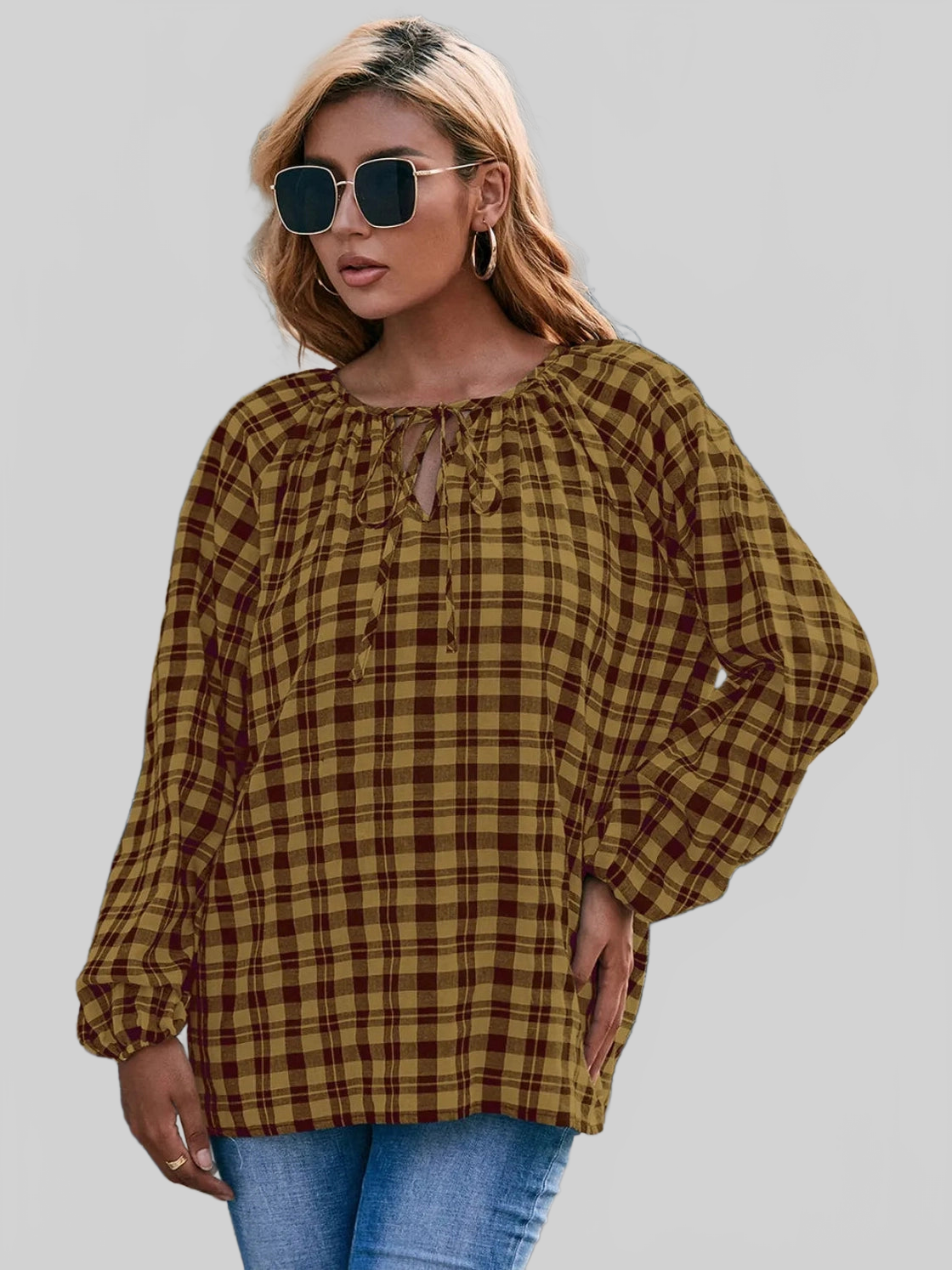 Ivy Lane Plaid Tie Neck Balloon Sleeve Blouse NicholesGifts