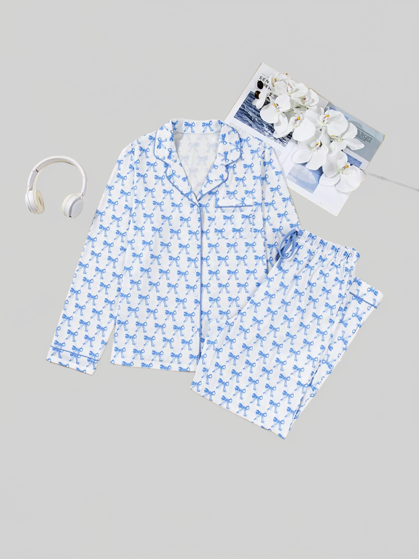 Bow Print Long Sleeve Shirt and Pants Pajama Set nicholesgifts