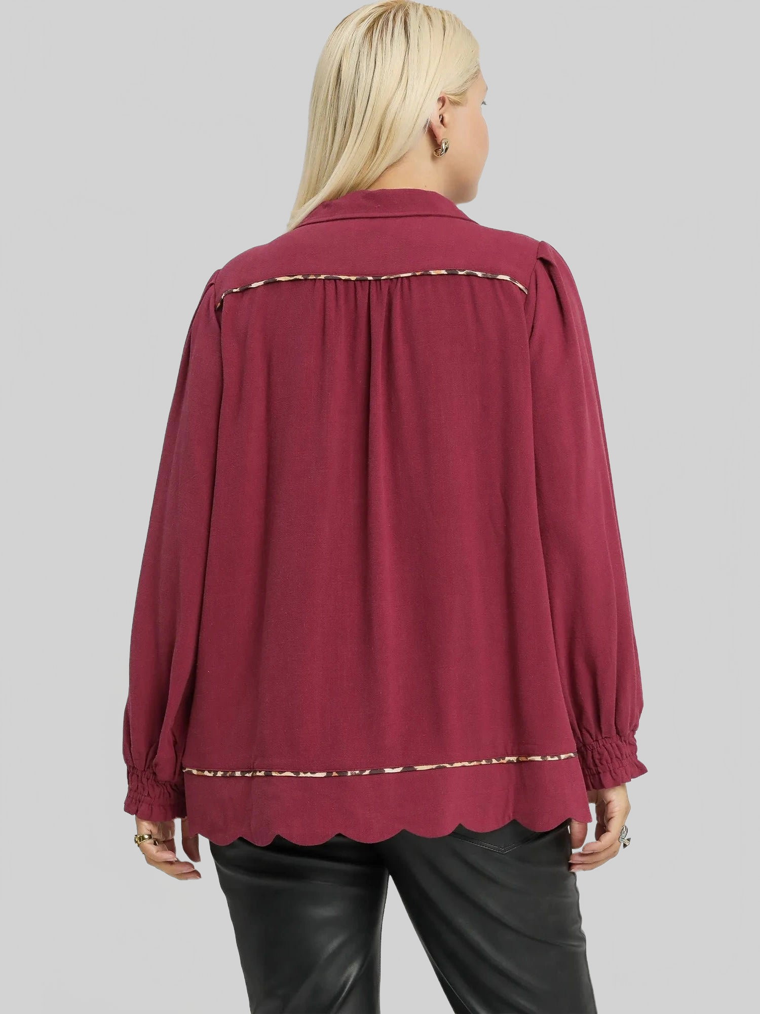 Women Umgee Full Size Linen Scallop Hem Long Sleeve Blouse with Contrast Trim Plus Size NicholesGifts