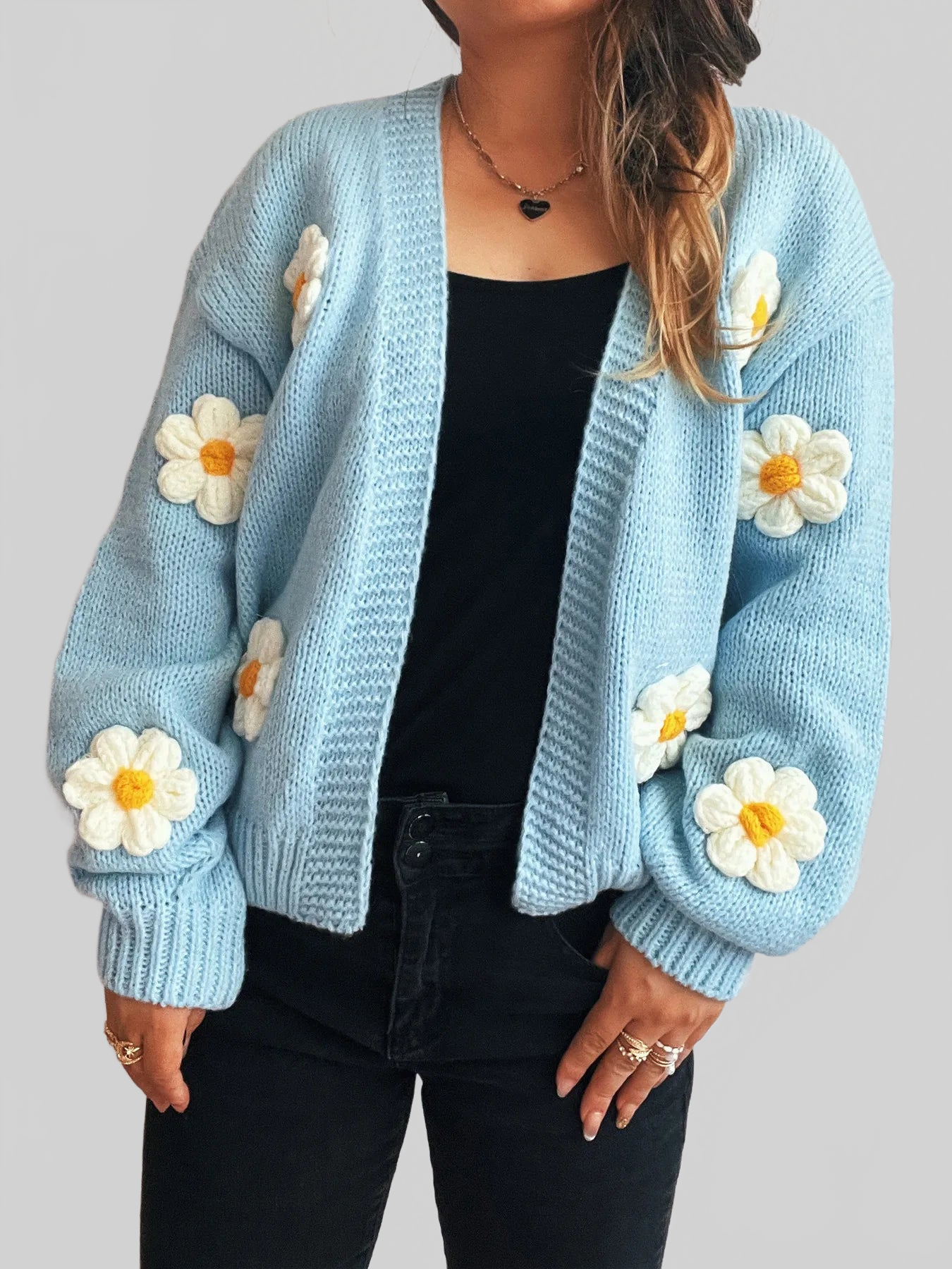 Flower Open Front Long Sleeve Cardigan nicholesgifts