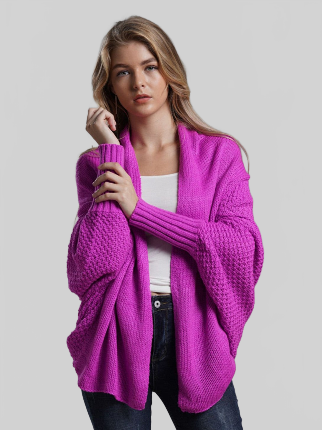 Dolman Sleeve Open Front Ribbed Trim Longline Cardigan nicholesgifts