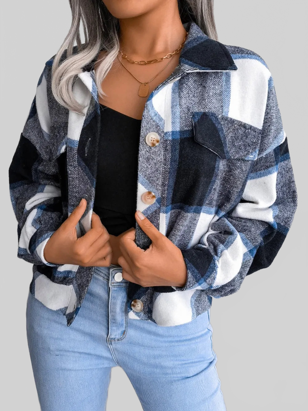 Plaid Collared Neck Long Sleeve Jacket nicholesgifts