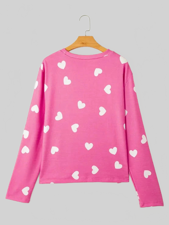 Heart Round Neck Long Sleeve Top and Elastic Waist Shorts Set nicholesgifts