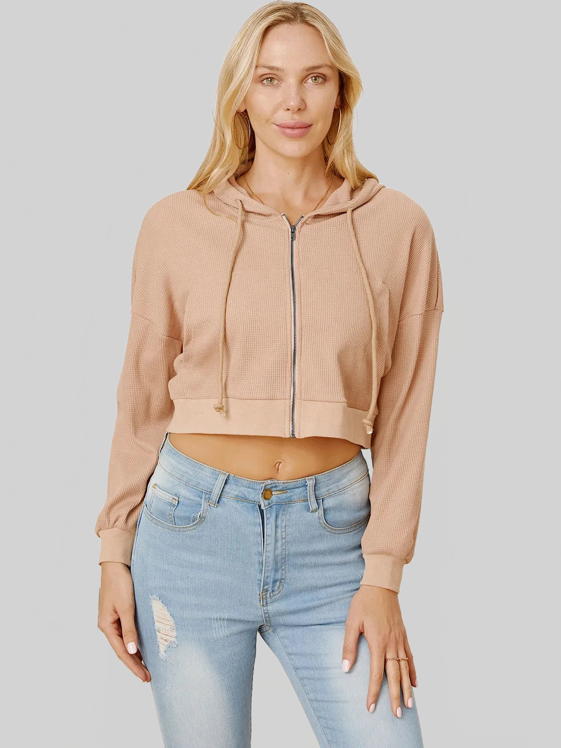 Waffle-Knit Drawstring Zip Up Hoodie NicholesGifts