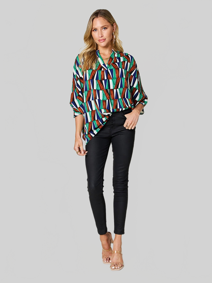 Women Double Take Full Size Geometric Notched Dolman Sleeve Top nicholesgifts