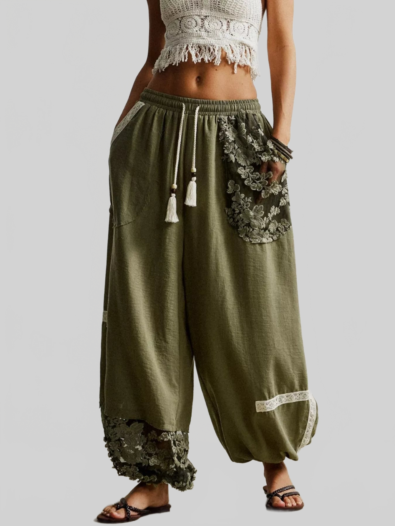 Women Lace Detail Drawstring Harem Pants nicholesgifts