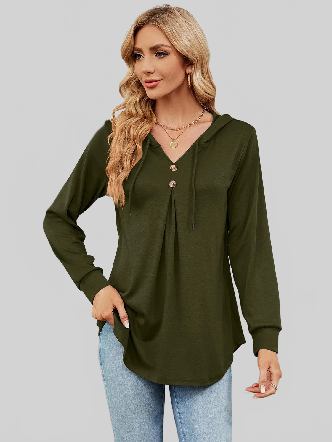 Decorative Button Drawstring Long Sleeve Hoodie NicholesGifts