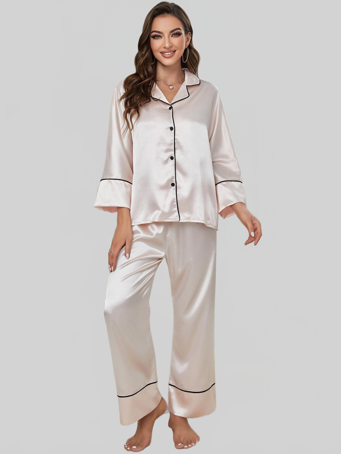 Contrast Piping Button-Up Top and Pants Pajama Set nicholesgifts