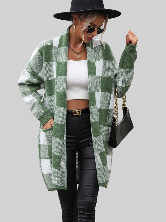 Plaid Dropped Shoulder Cardigan with Pocket nicholesgifts