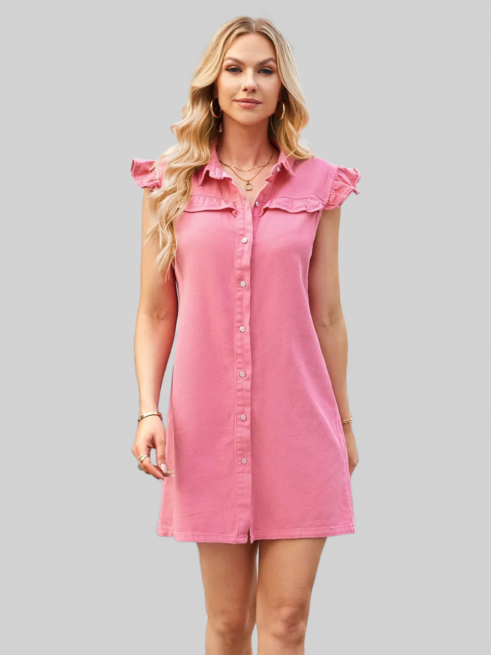 Ruffled Button Up Cap Sleeve Denim Dress nicholesgifts
