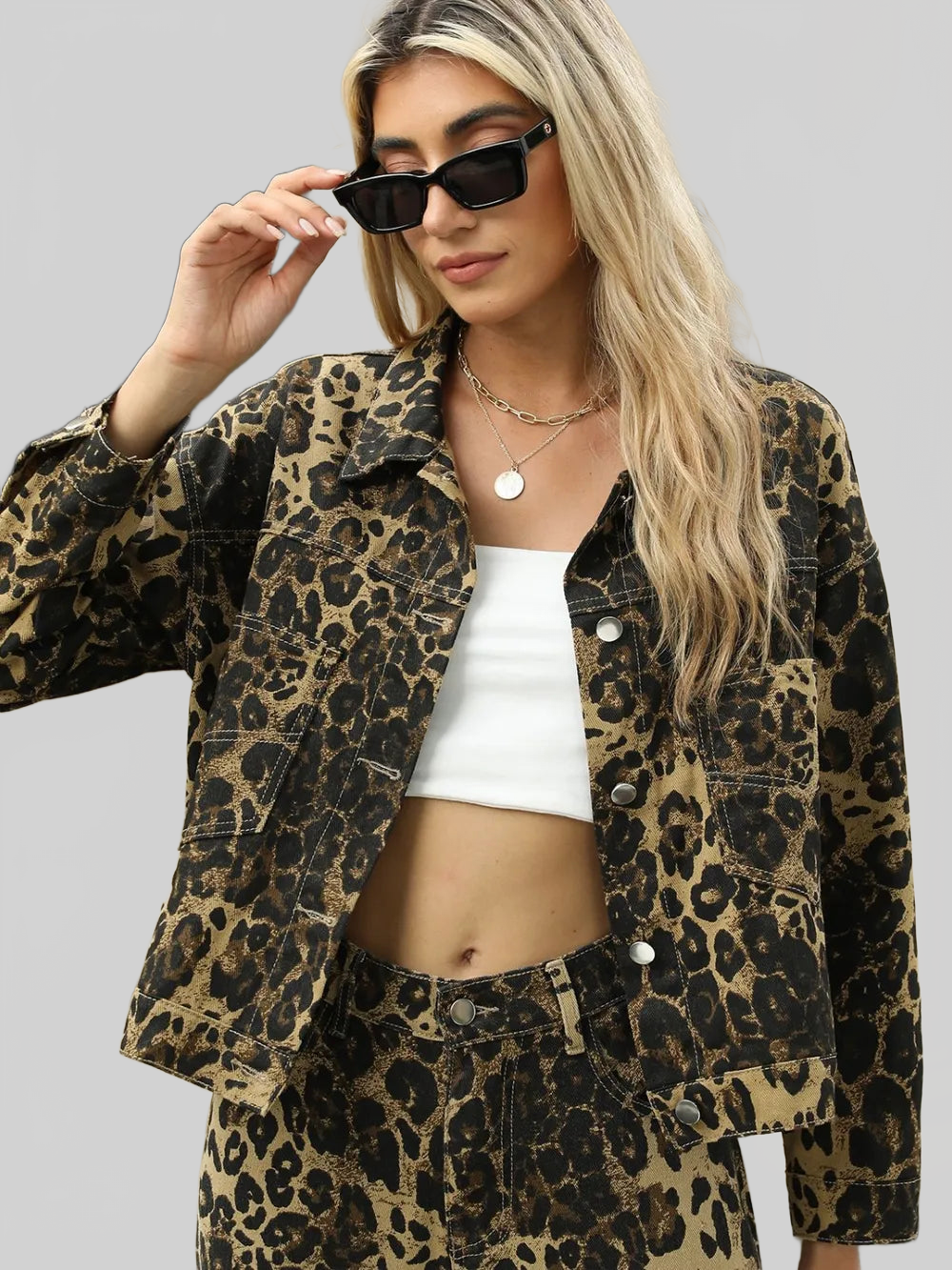 Pocketed Leopard Long Sleeve Denim Jacket nicholesgifts
