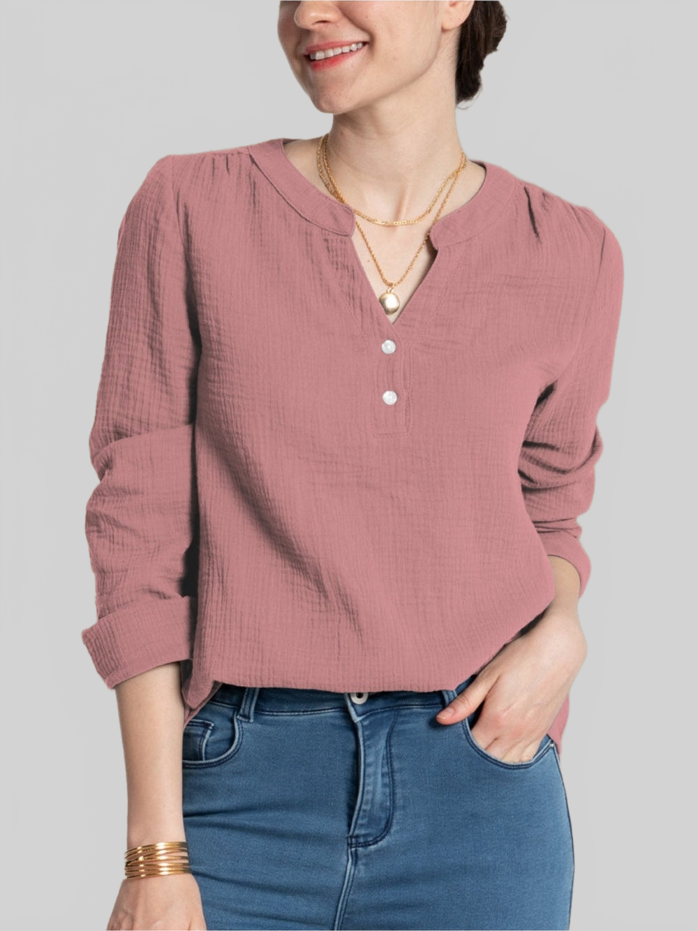 Women FAM-FAM Textured Notched Long Sleeve Blouse NicholesGifts