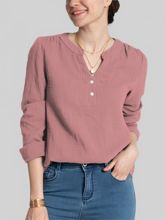 Women FAM-FAM Textured Notched Long Sleeve Blouse NicholesGifts