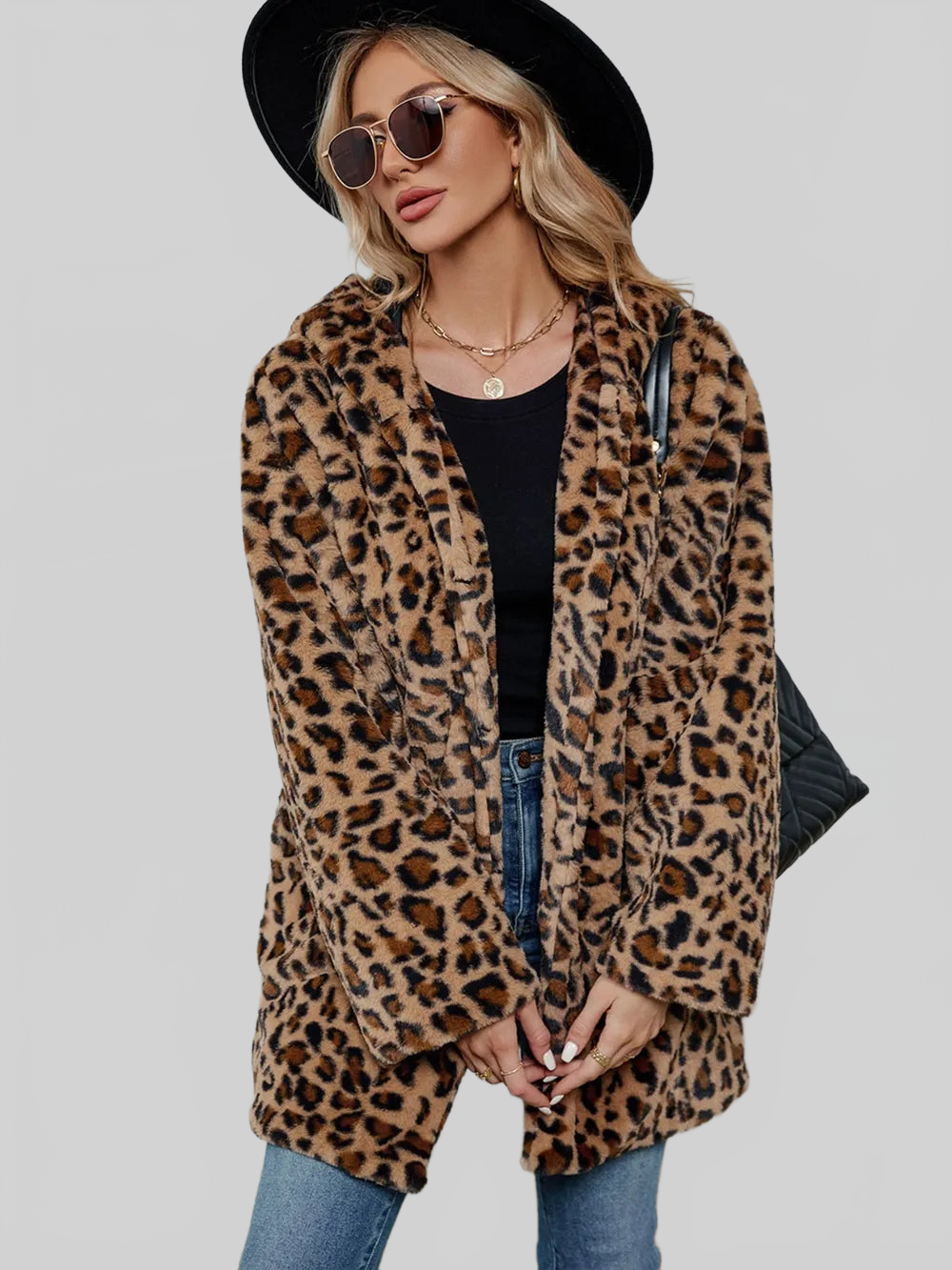 Fuzzy Leopard Hooded Long Sleeve Jacket nicholesgifts