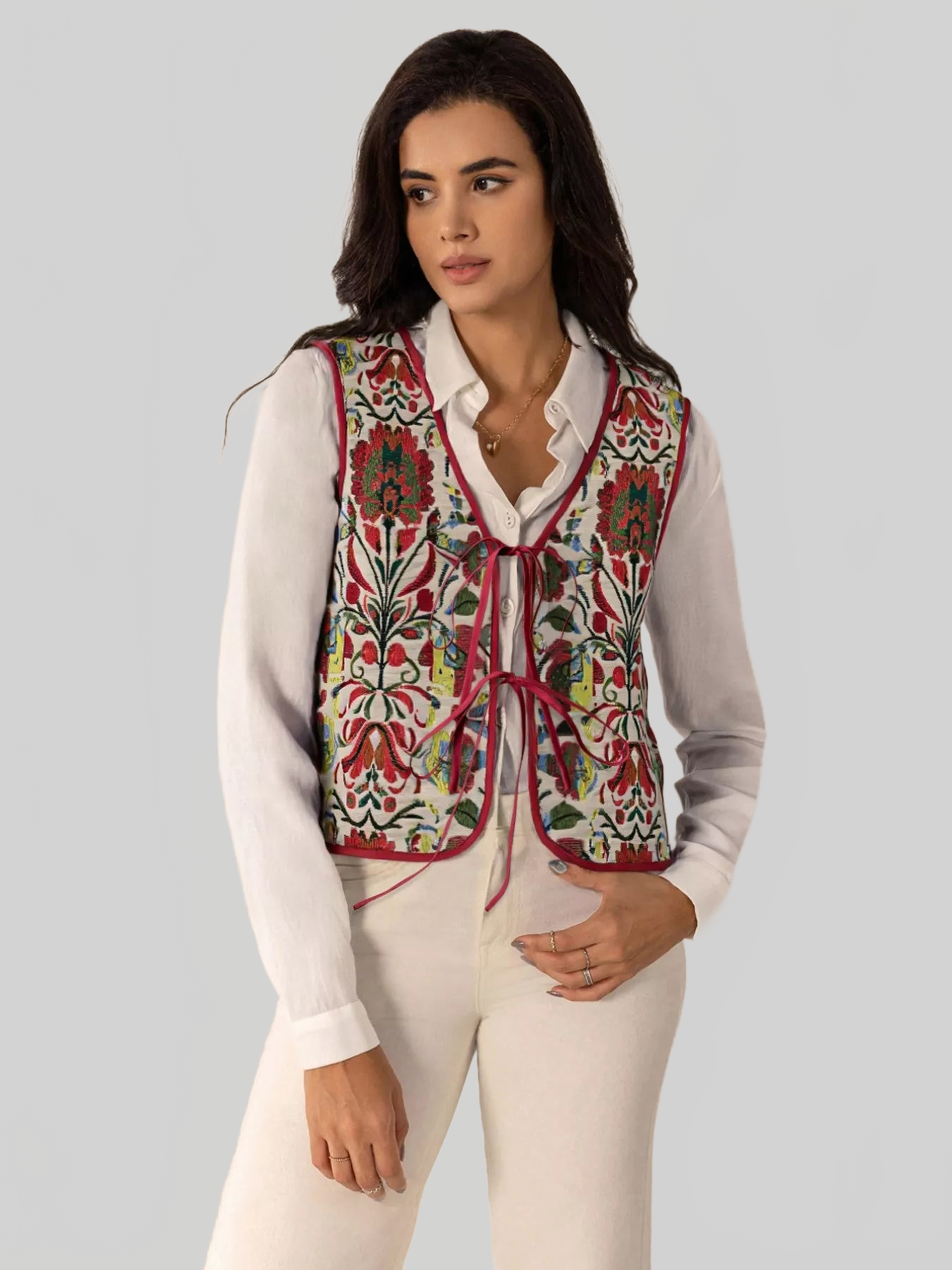 Floral Embroidered Tie-Front Vest Coat nicholesgifts