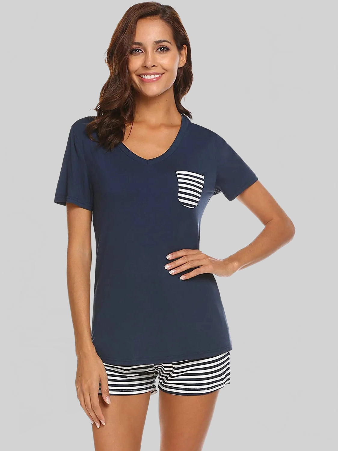 Striped Short Sleeve Top and Shorts Lounge Set nicholesgifts