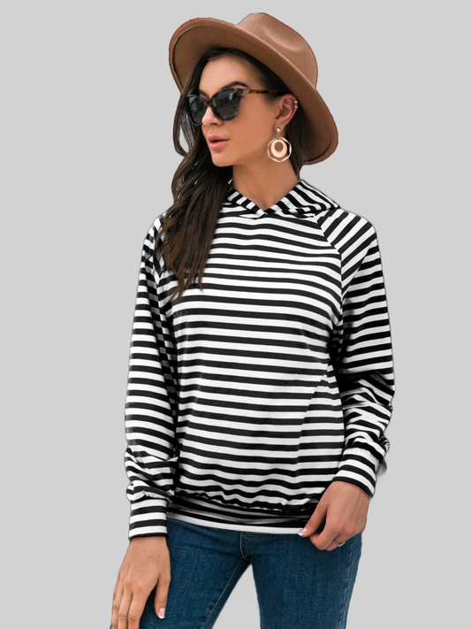 Women Horizontal Stripe Raglan Sleeve Hoodie nicholesgifts