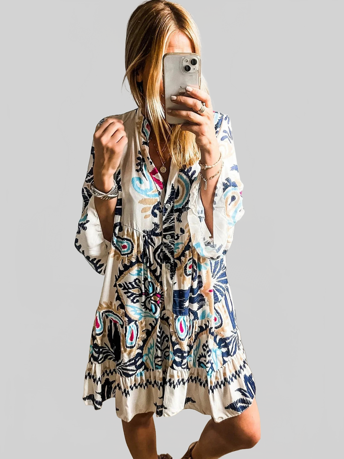 Printed Notched Three-Quarter Sleeve Mini Dress nicholesgifts