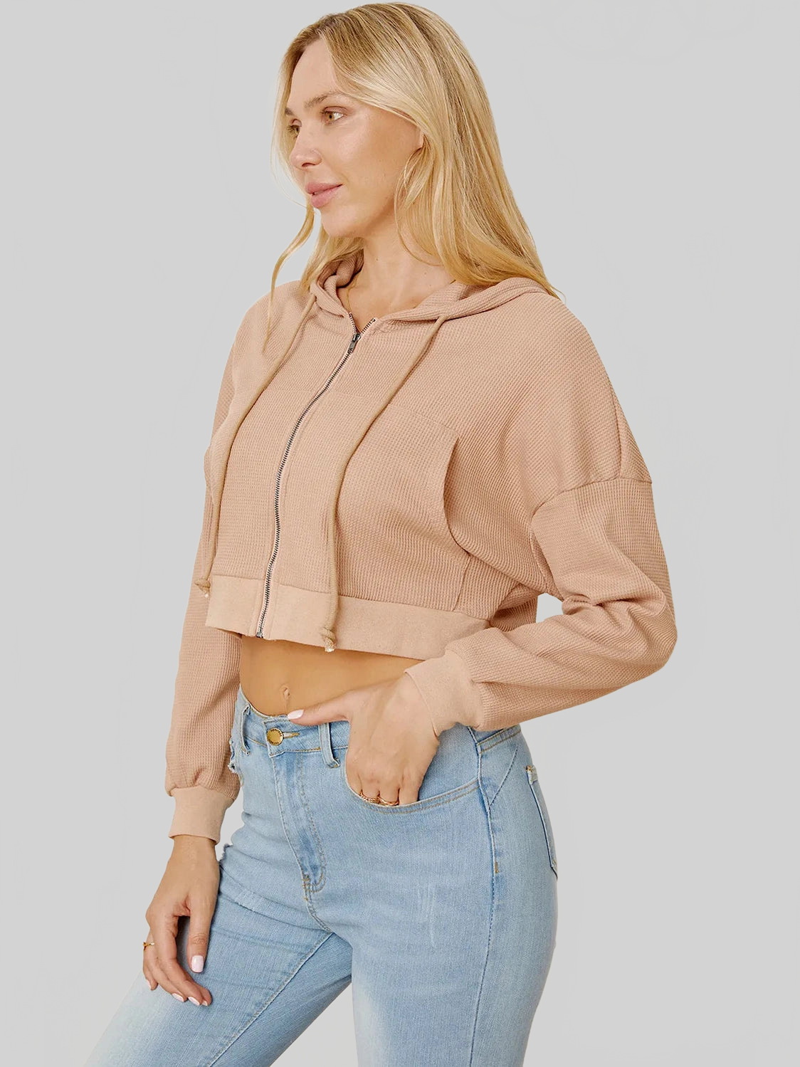 Waffle-Knit Drawstring Zip Up Hoodie NicholesGifts