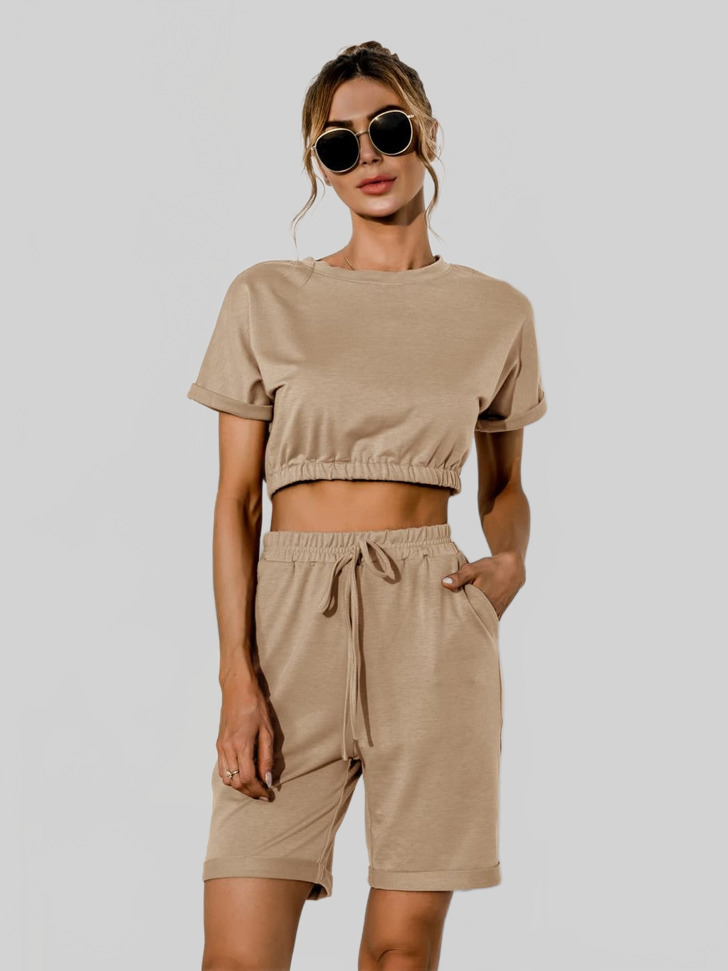 Short Sleeve Cropped Top and Drawstring Shorts Lounge Set nicholesgifts