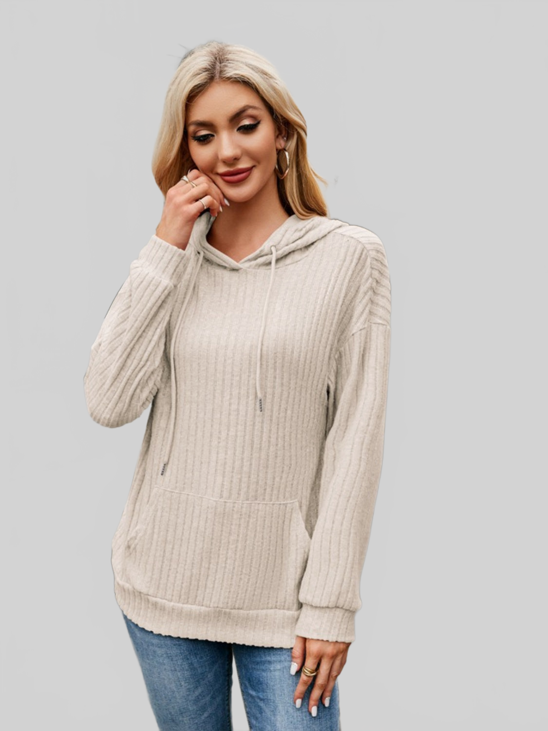 NicholesGifts Women Ribbed Drawstring Long Sleeve Hoodie nicholesgifts