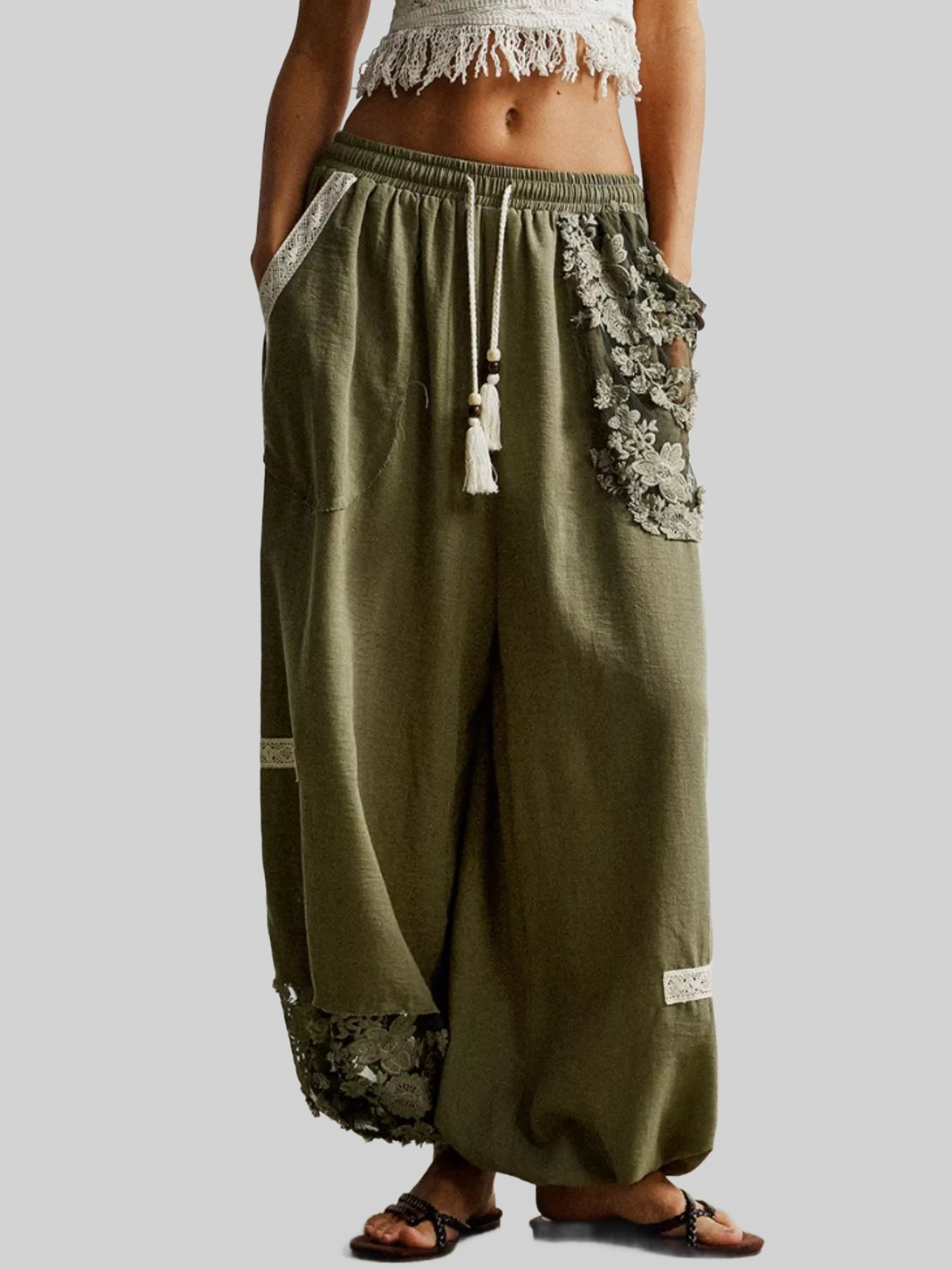 Women Lace Detail Drawstring Harem Pants nicholesgifts