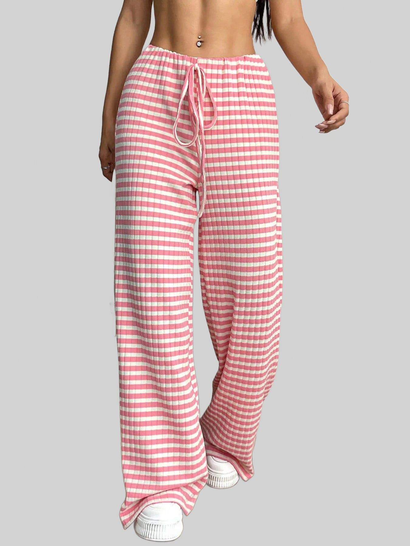 Women Striped Wide Leg Drawstring Pants nicholesgifts