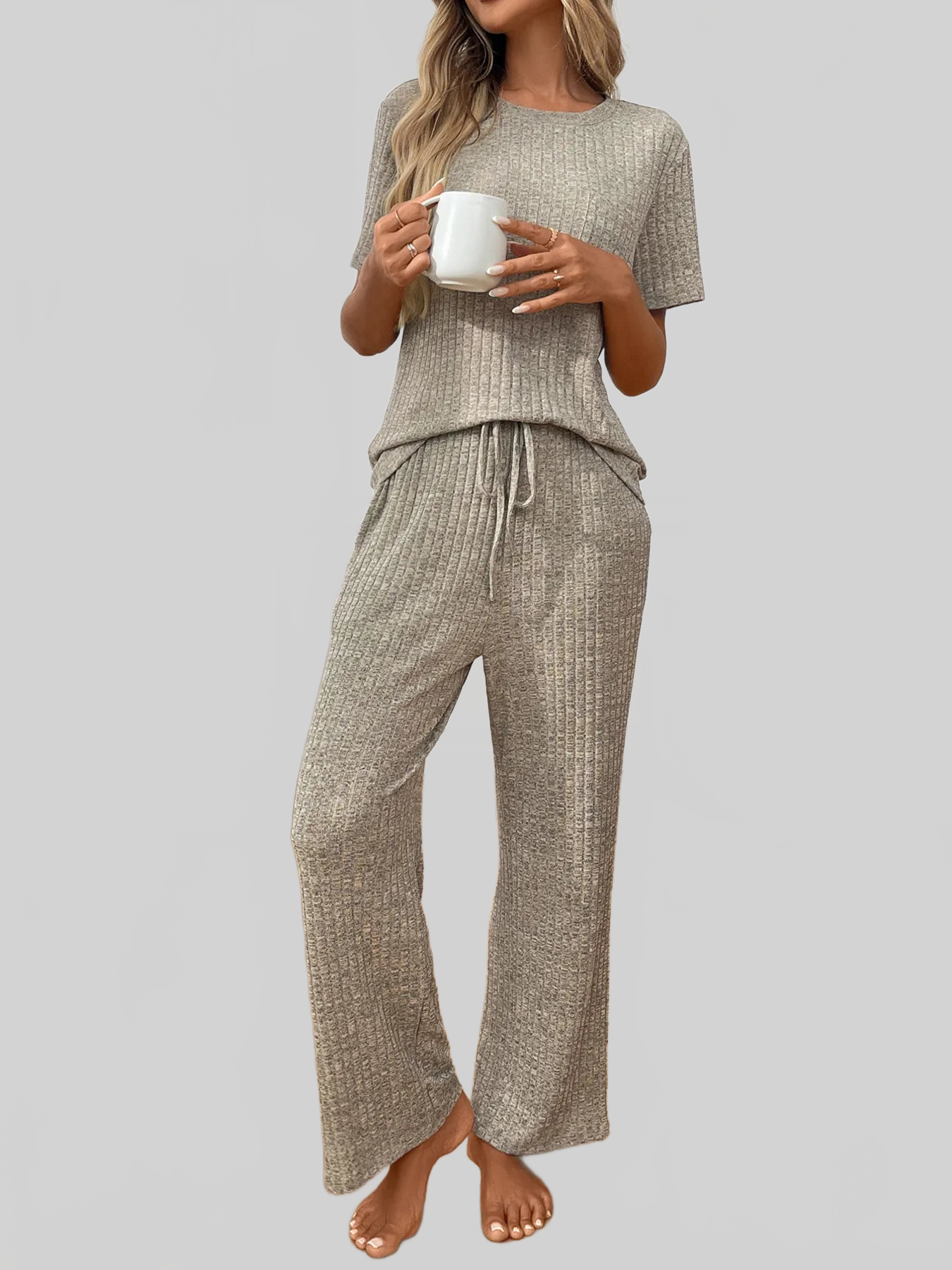Ribbed Knit Short Sleeve Top and Pants Lounge Set nicholesgifts