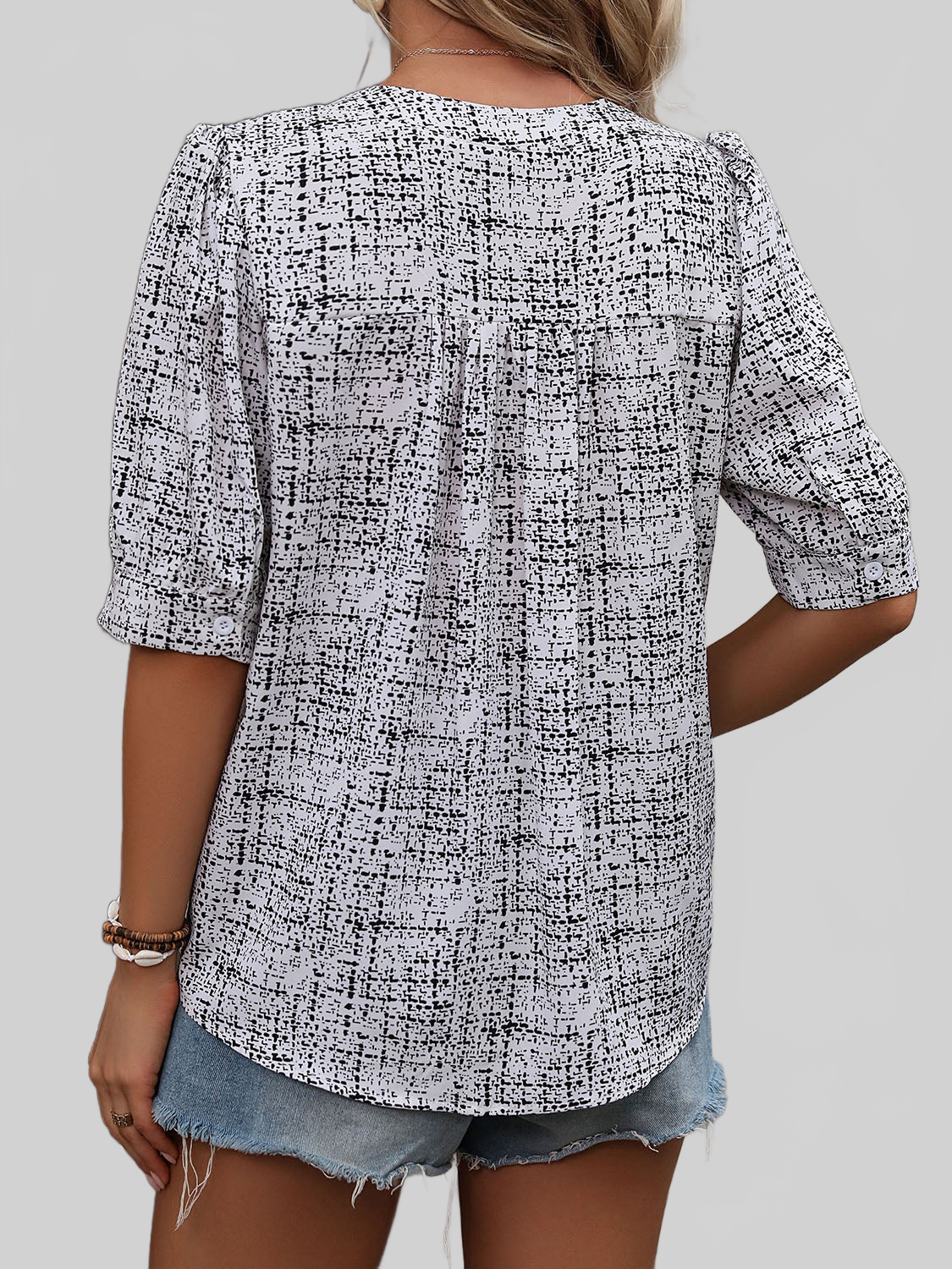 Printed Notched Half Sleeve Blouse nicholesgifts