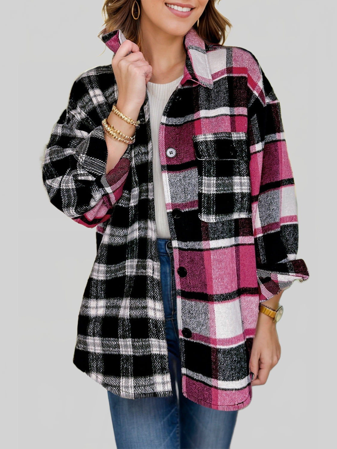 Women Pocketed Plaid Collared Neck Long Sleeve Shacket NicholesGifts