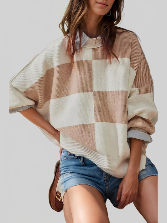 NicholesGifts Women Color Block Round Neck Long Sleeve Sweater NicholesGifts