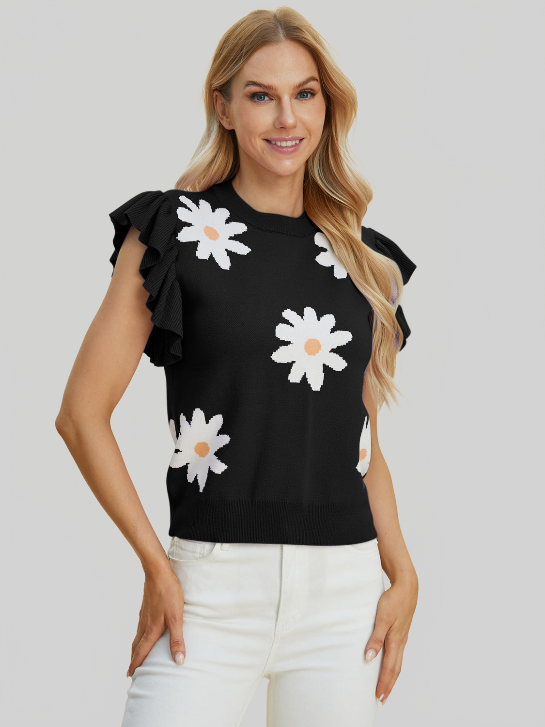 Women Double Take Full Size Ruffled Flower Round Neck Cap Sleeve Black Top NicholesGifts