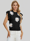Women Double Take Full Size Ruffled Flower Round Neck Cap Sleeve Black Top NicholesGifts