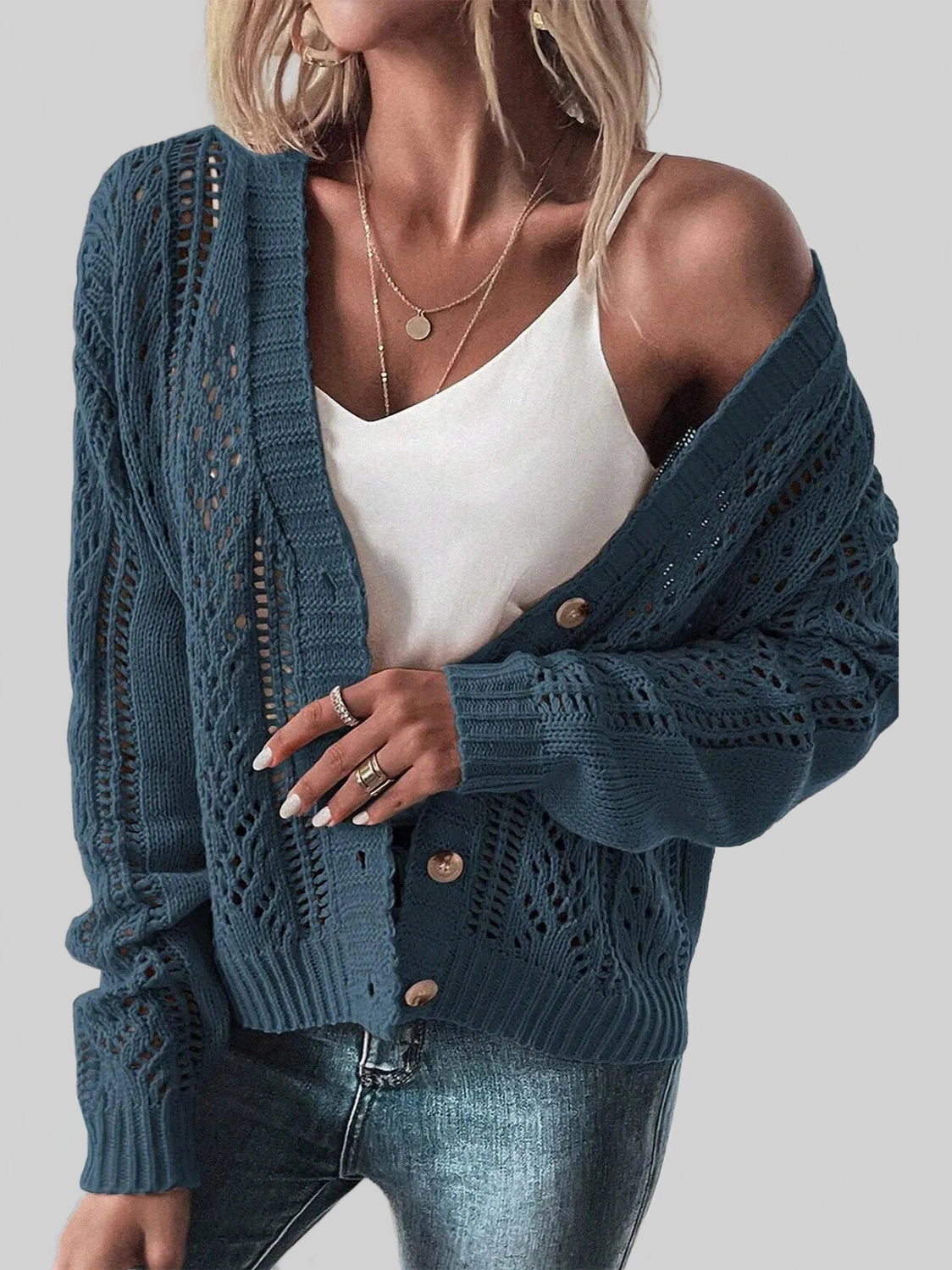 Openwork Button Up Long Sleeve Cardigan nicholesgifts