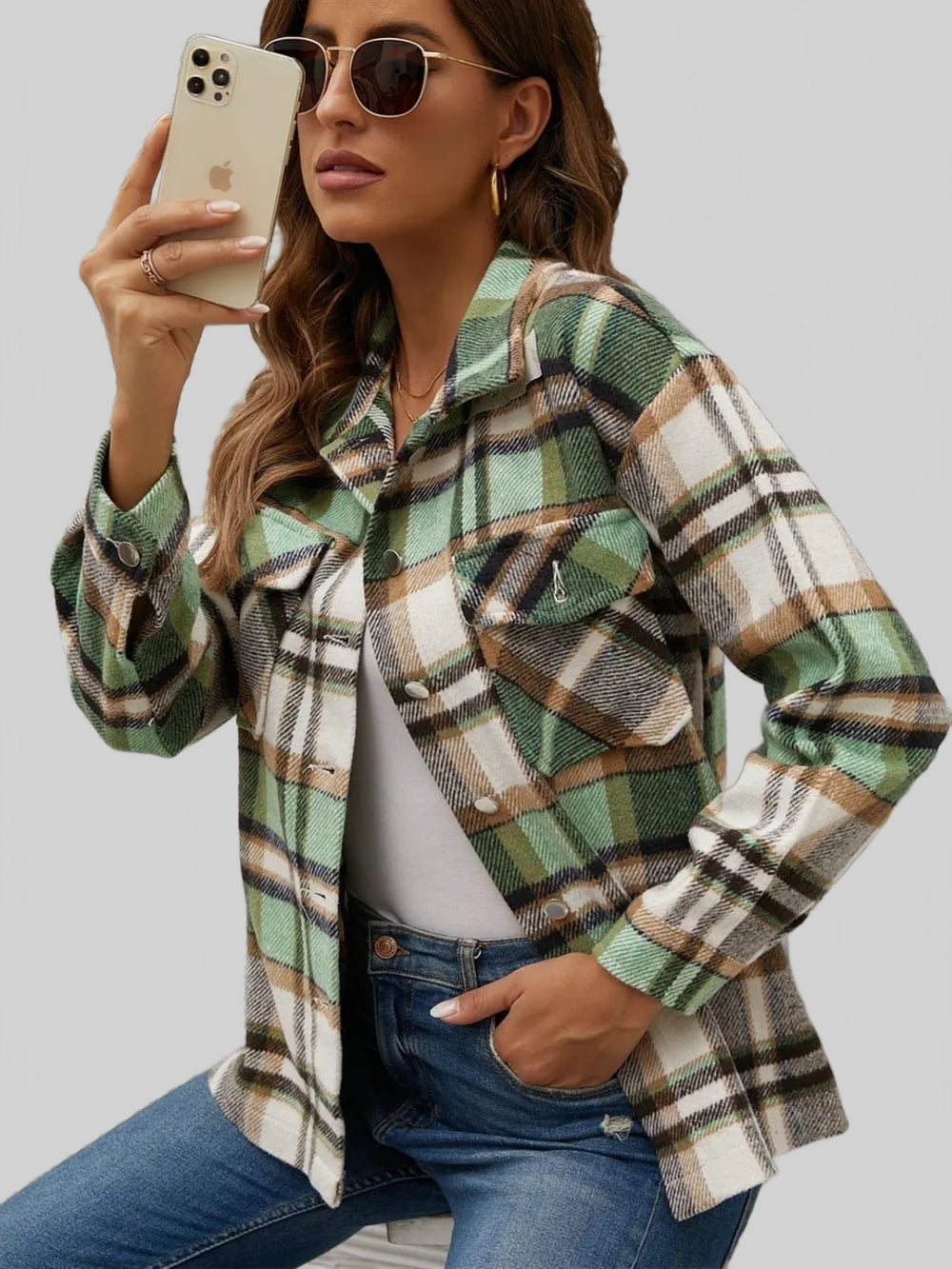 Plaid Collared Neck Long Sleeve Jacket nicholesgifts