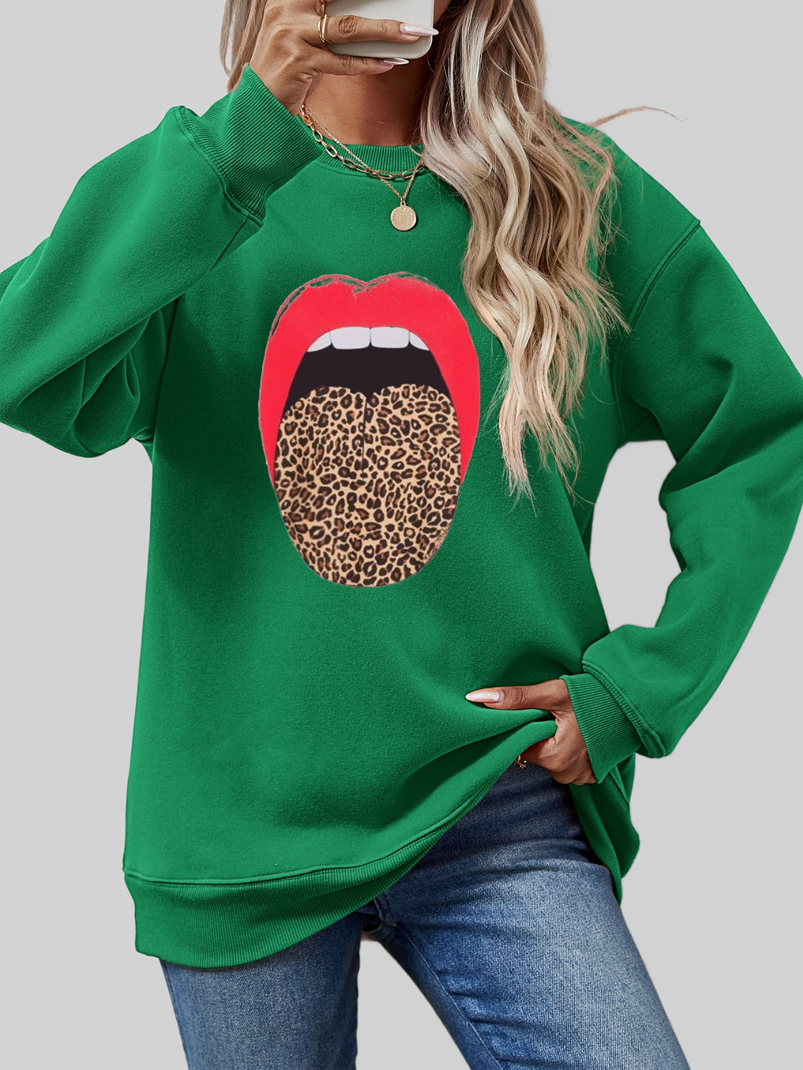 Women Leopard Lip Graphic Round Neck Sweatshirt NicholesGifts