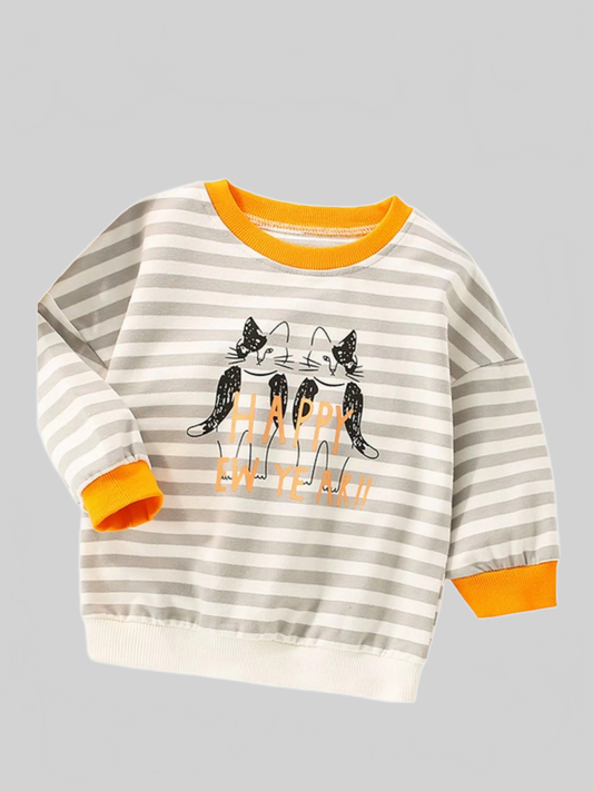 Girls and Toddler Girls Happy New Year Striped Cat Crew Neck Sweatshirt nicholesgifts